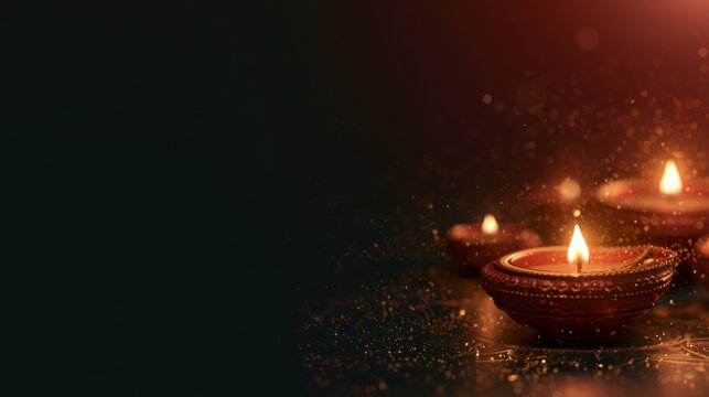 Diwali. Glowing oil lamp with a bright flame on a purple and orange background, symbolizing hope, peace and spiritual reflection.	
