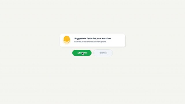 Digital workflow optimization software popup for interface notification, with yellow icon and green button, suitable for technology presentations.