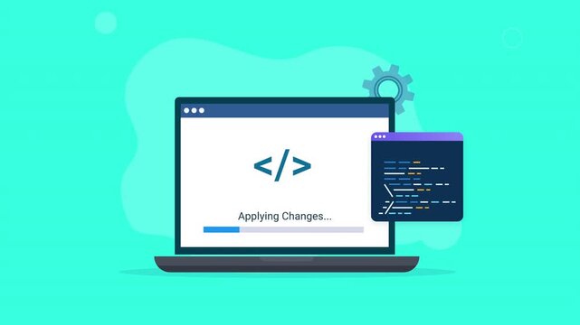 Animated laptop with Applying Changes interface, code symbol, and floating terminal window, representing software development, programming, system updates, and digital technology.