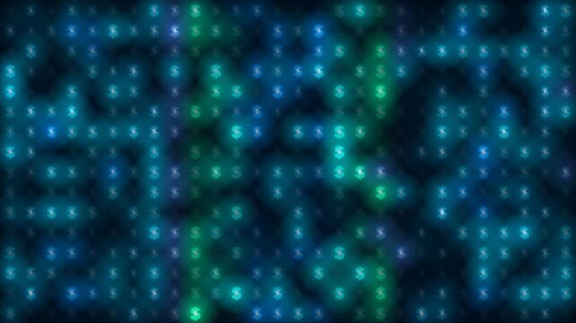 Abstract Digital Background of Glowing Blue and Teal Dollar Signs on a Grid Wall