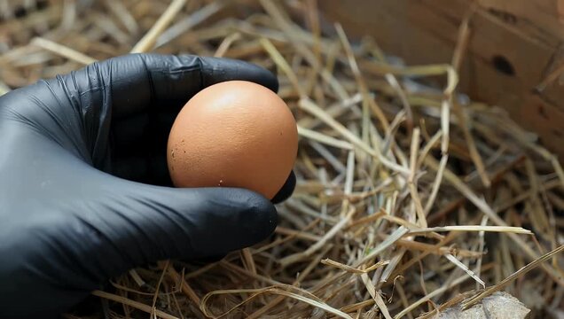 Authentic 4K agricultural b-roll showing a farmer s hands gathering freshly laid organic chicken eggs directly from a straw nest inside a traditional wooden backyard coop
