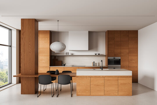 Contemporary wood kitchen interior design with spacious island, warm cabinetry, pendant lighting, and panoramic windows in modern apartment. 3D Rendering