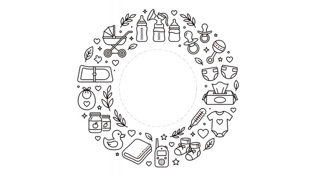 Circular Layout Of Line Art s Depicting Infant Care Baby Feeding Bottles and Parenting Essentials Around Central Vignette Space newborn care feeding line icons circle cluster thin line editable