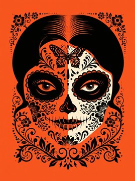 Vibrant Day of the Dead Inspired Sugar Skull Portrait with Floral Ornamentation and Butterfly Face Art on Bold Orange Background