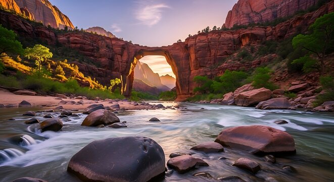 Dramatic Red Rock Natural Arch Spanning Flowing River in Desert Canyon