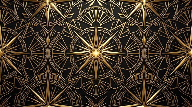 Art Deco gold pattern, luxury geometric background with metallic stars. Elegant black and gold wallpaper, vintage Gatsby style backdrop.