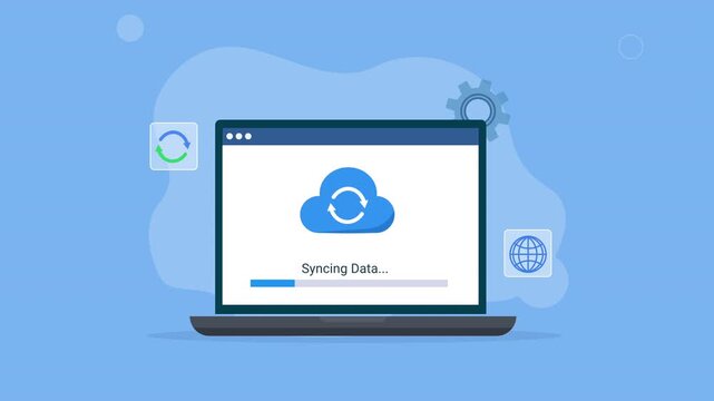 Animated laptop with Syncing Data interface, cloud synchronization icon, refresh symbol, globe, and gear elements, representing cloud computing, data synchronization, software, and digital technology.