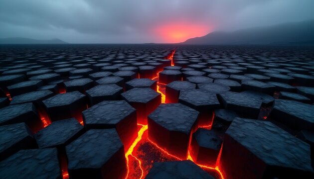 Alien landscape with hexagonal basalt columns and glowing magma fissur