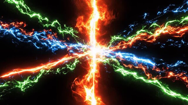 Energetic electric arcs converge in dynamic motion with vibrant neon colors against a dark background