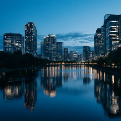 Naklejka premium Contemporary downtown skyline overlooking a peaceful waterfront at twilight