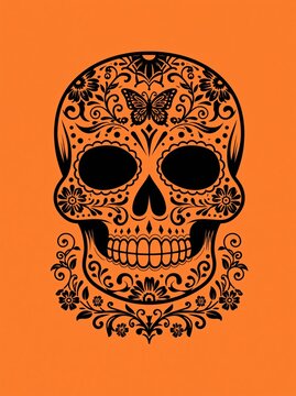 Vibrant Day of the Dead Inspired Sugar Skull Portrait with Floral Ornamentation and Butterfly Face Art on Bold Orange Background