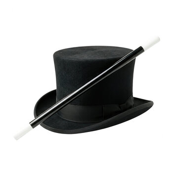 Un cappello a cilindro nero classico in feltro con una bacchetta magica bianca e nera appoggiata sopra, isolato su uno sfondo bianco puro, ideale per concetti di magia, spettacolo e intrattenimento.