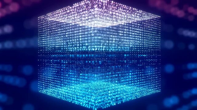 Glowing particles form a rotating 3D cube that pulses and flickers in a dark digital space. Animated scene combines particles and 3d grid with glowing light.