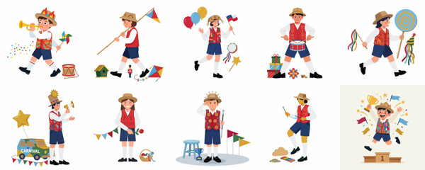 Fototapeta premium A set of ten illustrations featuring a young boy in a traditional outfit celebrating with flags, balloons, musical instruments, and a trophy.