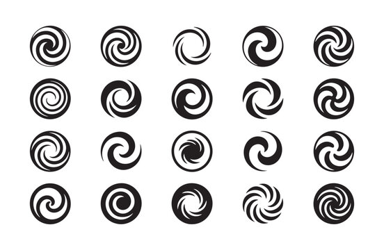Black circular spiral vortex icons with radial motion elements for scientific visualization and modern logos.