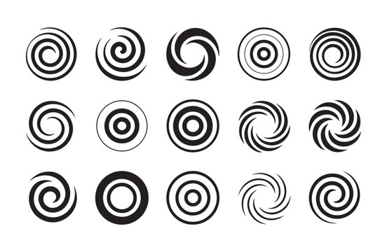 Concentric circle and spiral vortex design elements collection in black for futuristic logos and dynamic graphics.