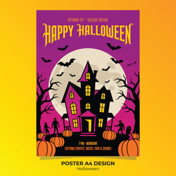 Happy Halloween Party Poster Template with Haunted House and Zombies
