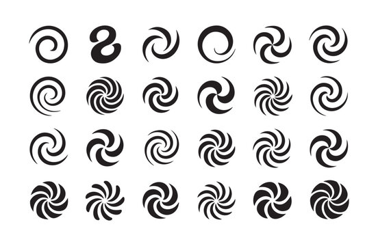 Comprehensive collection of black radial vortex and swirl icons for graphic design and corporate brand identity.