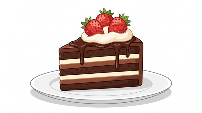 Chocolate Cake Slice with Strawberry 2D Vector Illustration