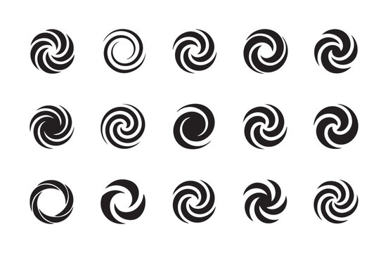 Swirl spiral vector collection contains black circular vortex shapes for motion effect and dynamic logo concepts.