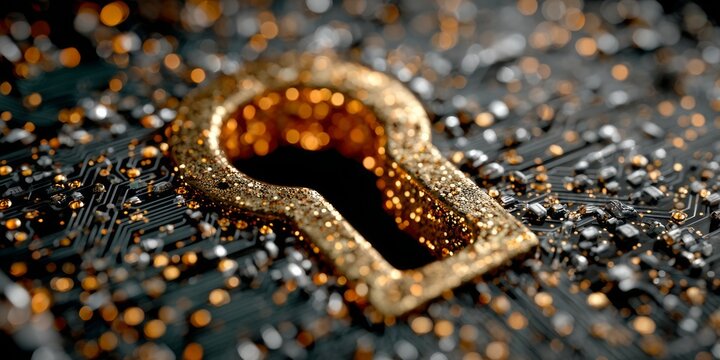 Golden padlock symbol on futuristic circuit board representing cybersecurity, digital protection, privacy