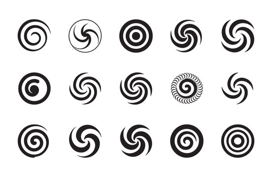 Varied assortment of black spiral and vortex shapes with dynamic curves for contemporary design elements.