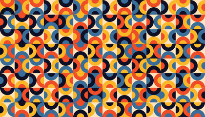 Naklejka premium Retro geometric seamless pattern with semicircles in orange, yellow, blue, and navy on a beige background. Vector illustration.