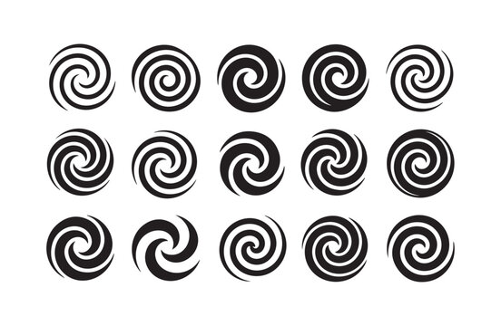 Extensive ensemble of black spiral and swirl icons, featuring diverse line weights and curves for versatility.