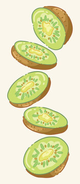 Niocte Fresh kiwi fruit slices falling in a row, cute cartoon doodle vector illustration