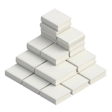 Una piramide composta da libri bianchi con copertina rigida impilati in modo simmetrico su uno sfondo bianco isolato, ideale per concetti di istruzione, apprendimento e organizzazione della