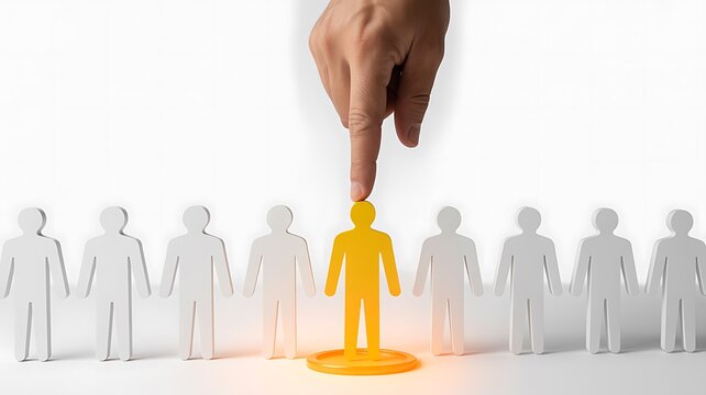 A hand selecting a highlighted candidate from a group representing recruitment, hiring and employee selection