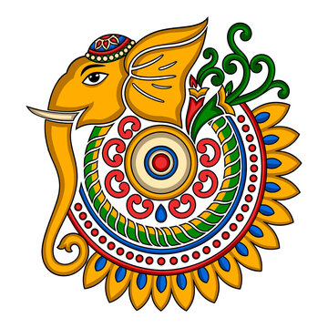 Colorful Indian Elephant Mandala Vector with Ornamental Folk Art, Floral Motifs and Decorative Patterns....