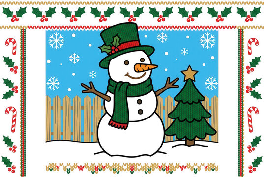Illustrazione natalizia con un simpatico pupazzo di neve che indossa un cappello verde e una sciarpa, circondato da un albero di Natale, fiocchi di neve e una cornice decorativa a tema festivo.