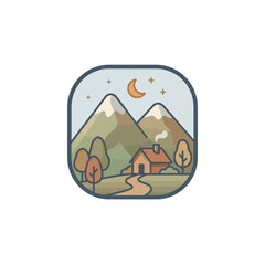 Fototapeta premium Vector illustration of cozy mountain cabin night landscape with moon stars and autumn trees