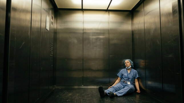 Exhausted healthcare worker in elevator after long shift symbolizing the strain of medical professionals in hospitals