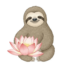 Naklejka premium Cute hand-drawn illustration of a happy sloth character holding a large pink lotus flower lily, isolated on white background, peaceful zen animal art for nursery and greeting cards.