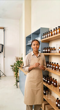 Vertical portrait of a female artisan perfumer in a beige apron standing in her workshop. Professional woman with amber glass bottles on wooden shelves