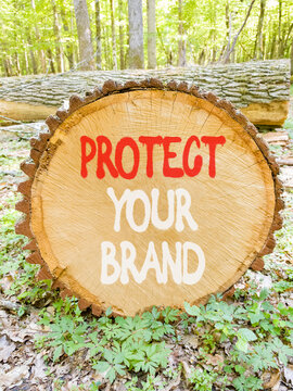 Protect your brand words symbol. Concept words Protect your brand on beautiful wooden circle. Beautiful green forest background. Business and protect your brand concept. Copy space.