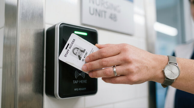 Healthcare professional entering restricted zone with identification badge in hospital nursing department 48