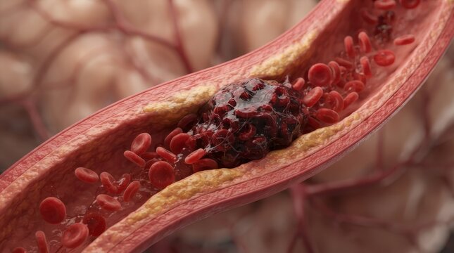 Ischemic stroke pathogenesis showing a blood clot obstructing arterial flow within a cerebral vessel.