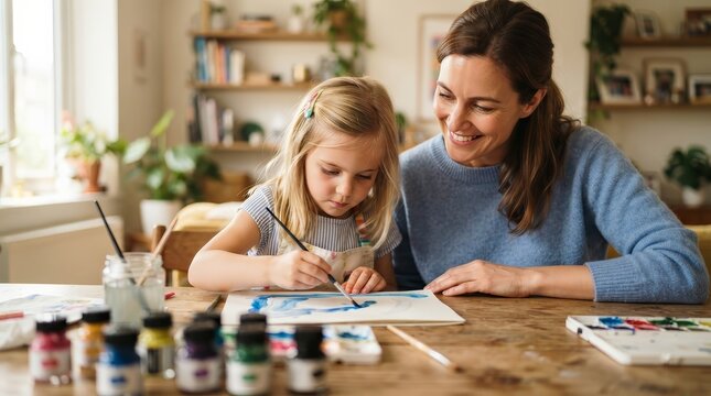Young girl focused on painting while her mother looks on with pride during a homeschooling session.