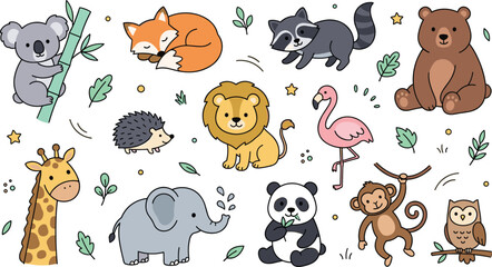 Obraz premium Cute Animals Vector Set Featuring Lion Bear Panda Elephant Giraffe Fox and Koala for Nursery Decor Baby Apparel and Kindergarten Graphic Designs