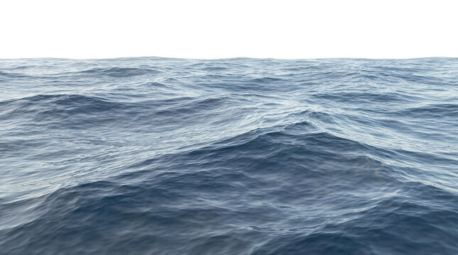 Veduta ravvicinata della superficie dell'oceano blu con onde e increspature dinamiche, isolata su uno sfondo bianco pulito con spazio per testo.