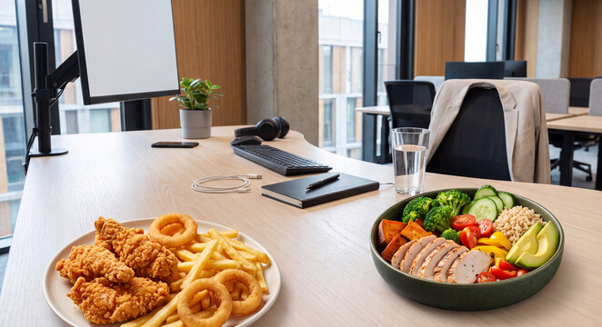 Balanced bowl with grilled chicken, vegetables, rice and avocado is contrasted with fried chicken, fries and onion rings on an office desk. Concept of healthy versus unhealthy lunch at work.