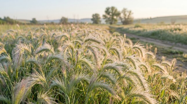 Dewy cheatgrass meadow displaying soft downy leaves and nodding seed heads glowing gently under early morning sunlight in nature cheatgrass bromus tectorum dew droplets spring meadow morning light