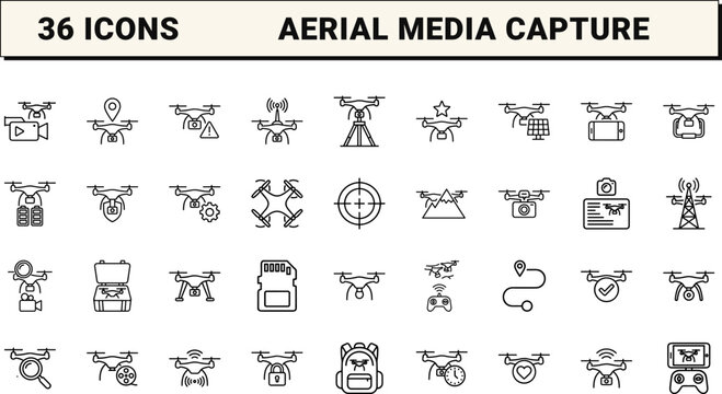 Drone Media Web Icon Set in Linear Style. Collection of Aerial Capture line icons, including aerial photography, video production, remote piloting, payload equipment, signal transmission.