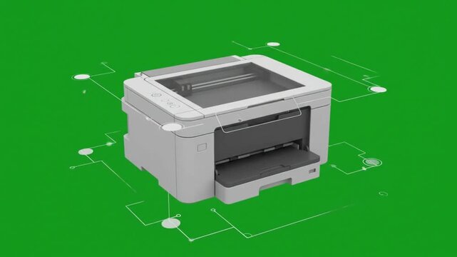 3 d printer blueprint animation with rotating interface on green screen background, digital