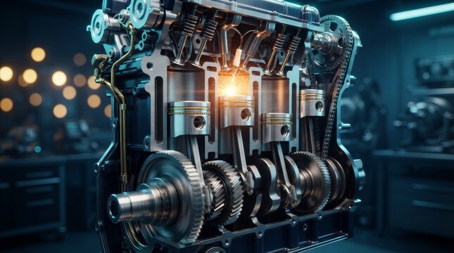 An engineering view of internal combustion engine mechanical components with a detailed cross-section.