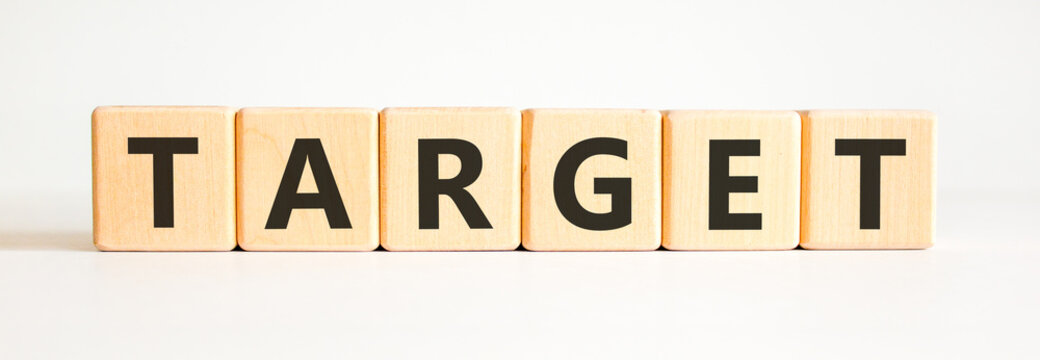 Target word symbol. Concept word Target on beautiful wooden blocks. Beautiful white background. Business target word concept. Copy space.