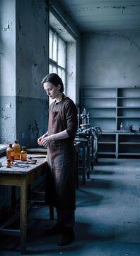 Solitary female perfumer standing in a dim workshop with peeling walls. Young woman in a dark apron working at a wooden bench with amber bottles